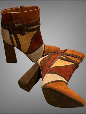 Justfab Geometric Patchwork Multicolor Block Heel Ankle Boot size 8.5
